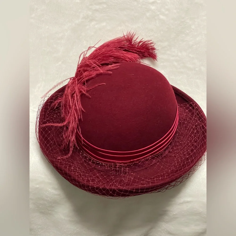 Vintage Mr Charles Red Feather Wool Hat fascinator Sunday best